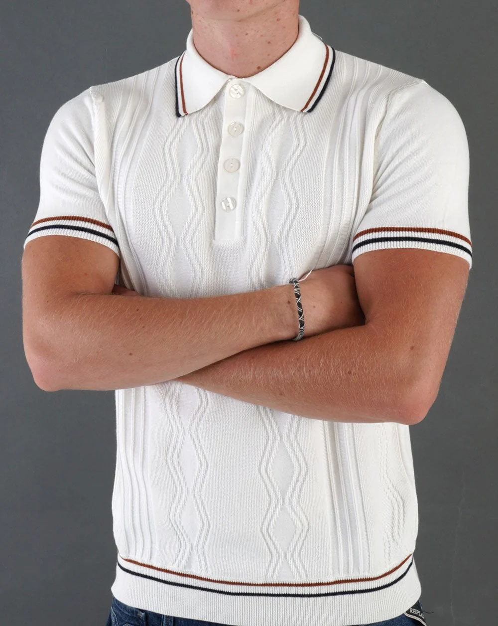Ska & Soul Pointelle Fine Gauge Polo Ecru - Image 3