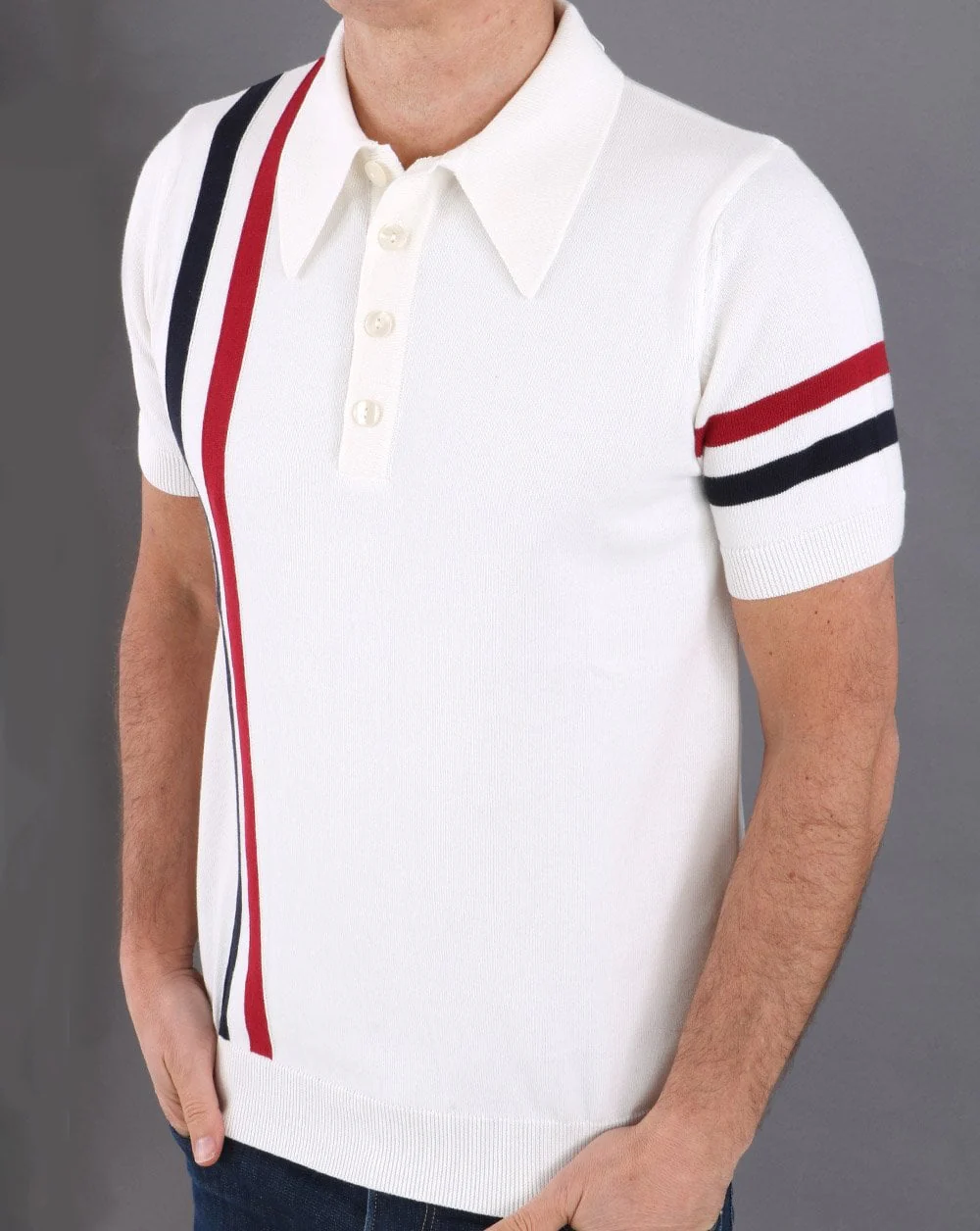 Ska & Soul Racing Stripe Knit Polo Ecru - Image 2