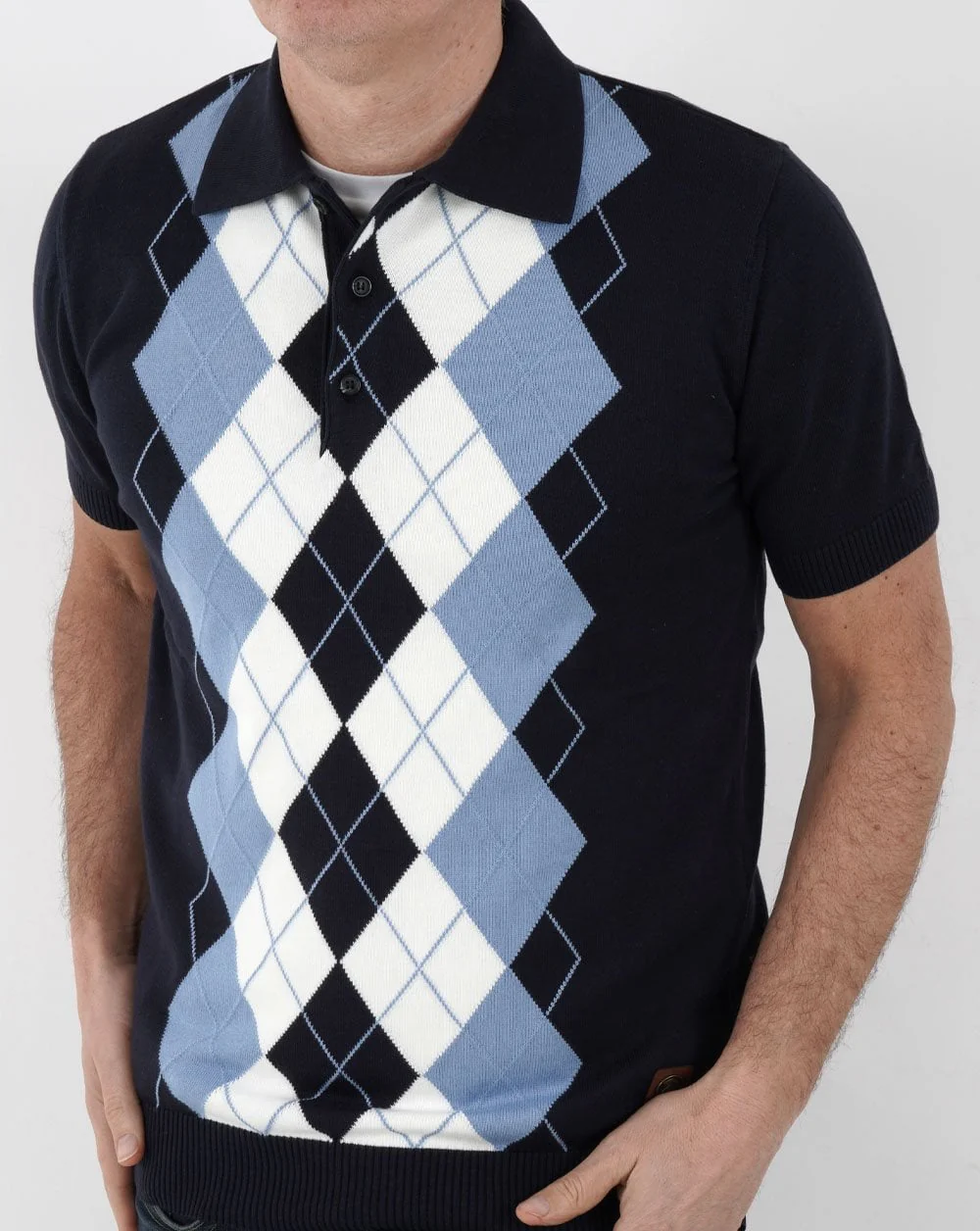 Trojan Argyle Fine Knit Polo Navy - Image 3