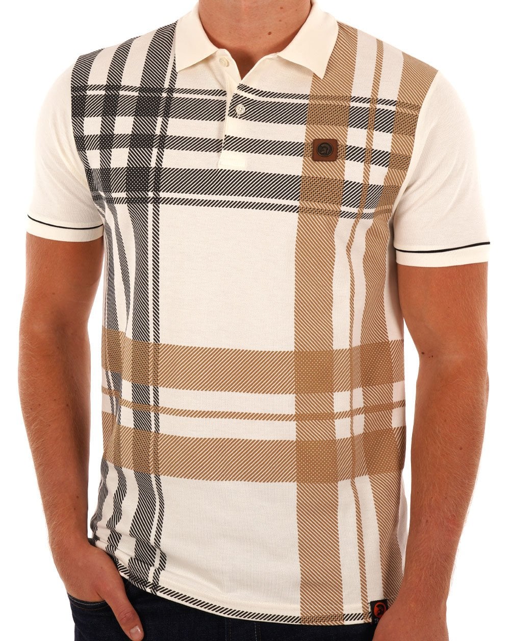 Trojan Check Panel Polo Shirt Ecru - Image 3