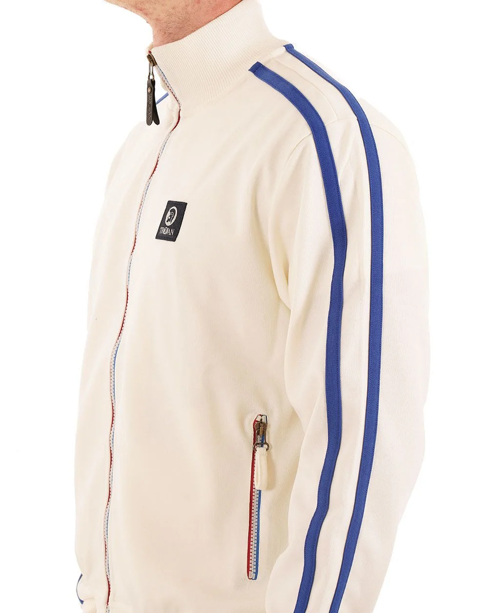 Trojan Contrast Zip Track Top Ecru/Blue - Image 3