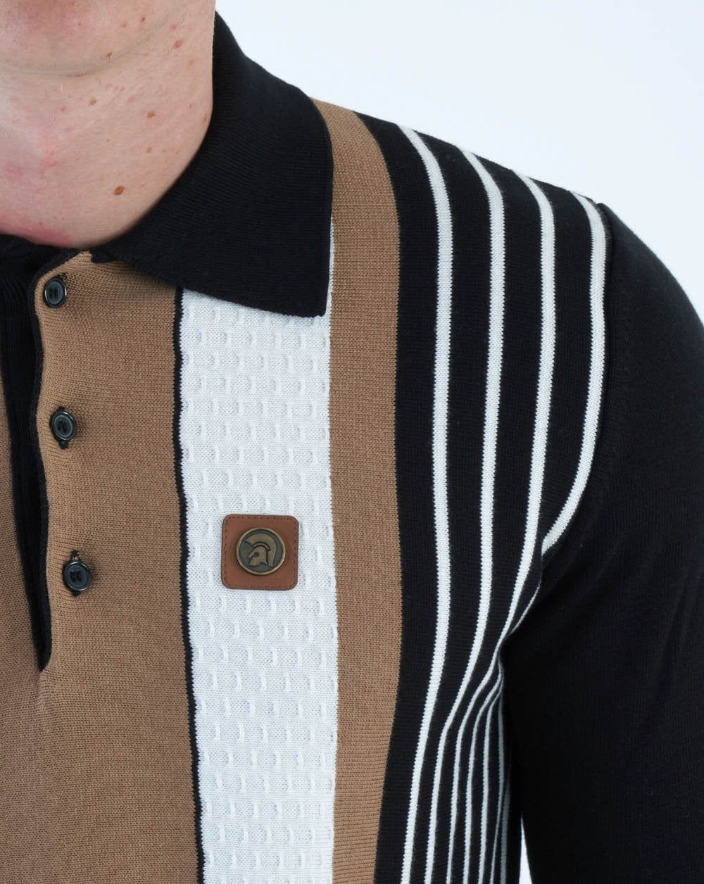 Trojan Dobby Stripe Long Sleeve Knit Polo Black - Image 2