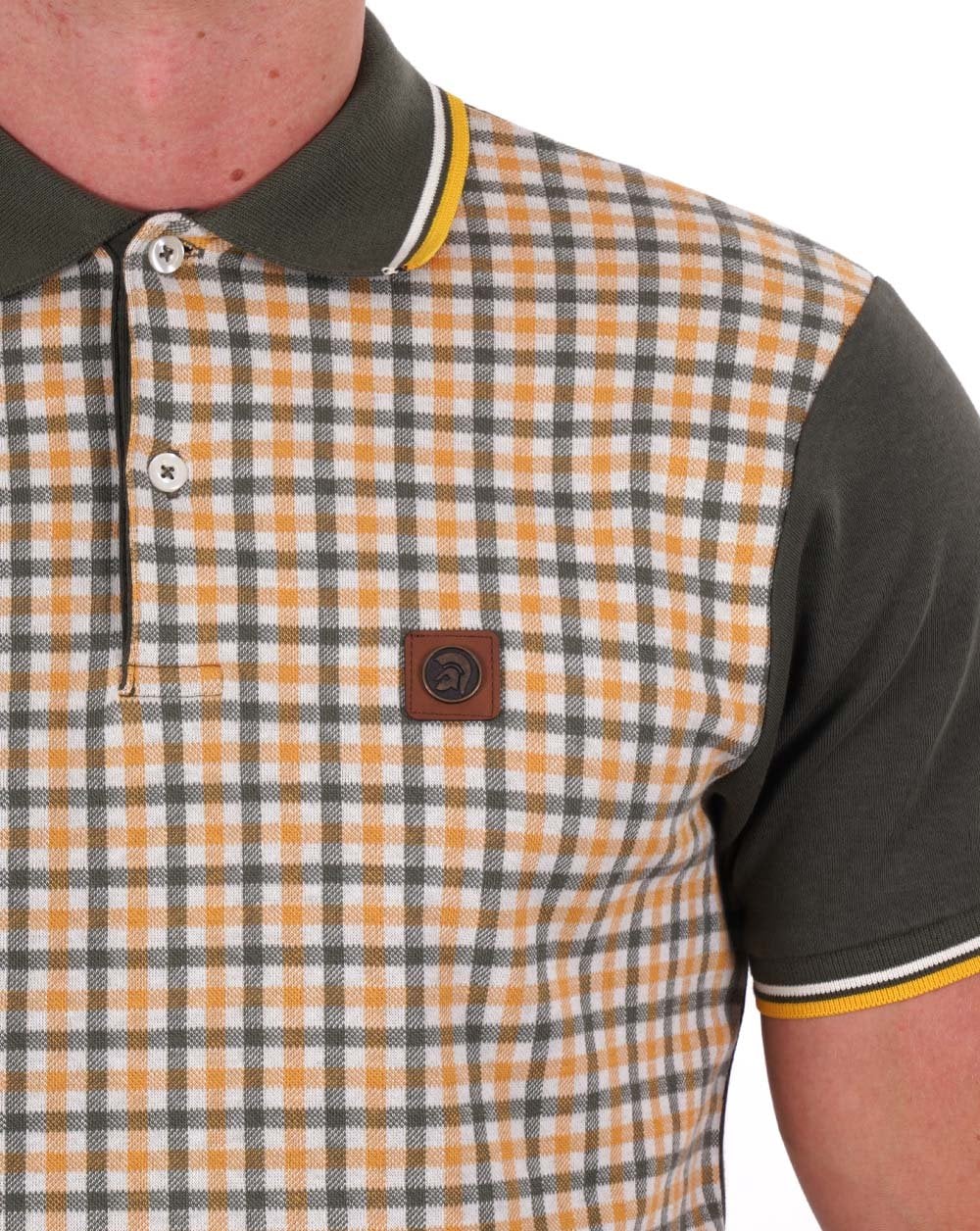 Trojan Gingham Check Panel Polo Army Green/Gold - Image 3