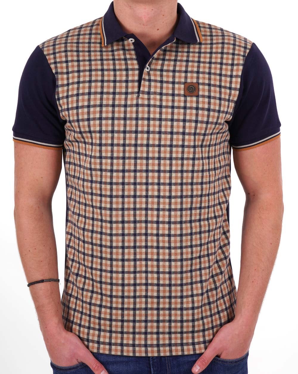 Trojan Gingham Check Panel Polo Navy/Camel - Image 4
