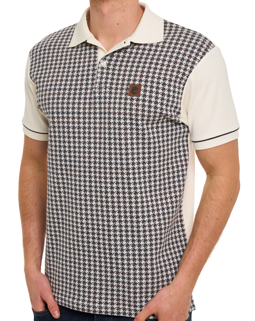 Trojan Houndstooth Panel Polo Ecru - Image 3
