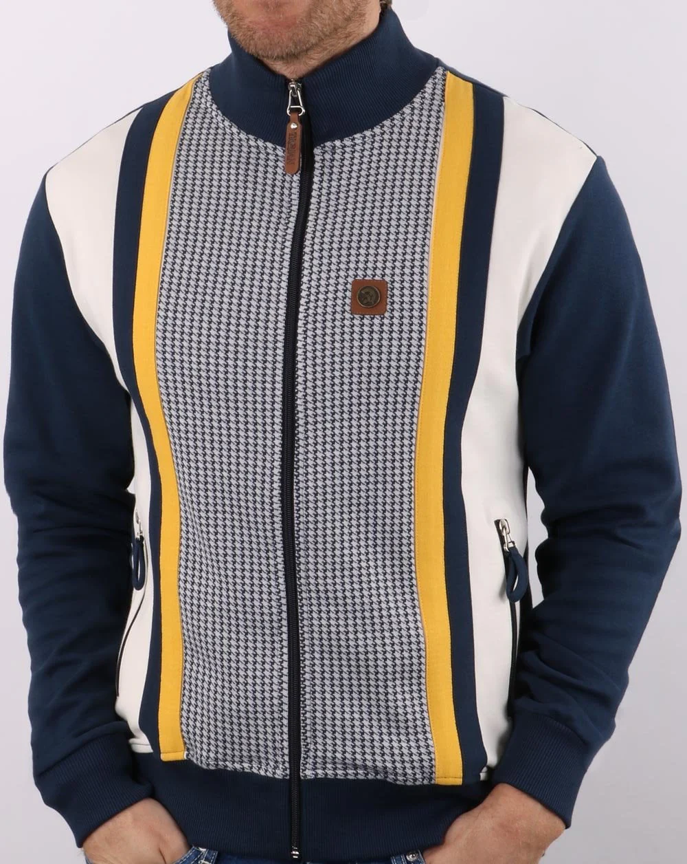 Trojan Houndstooth Panel Track Top Navy