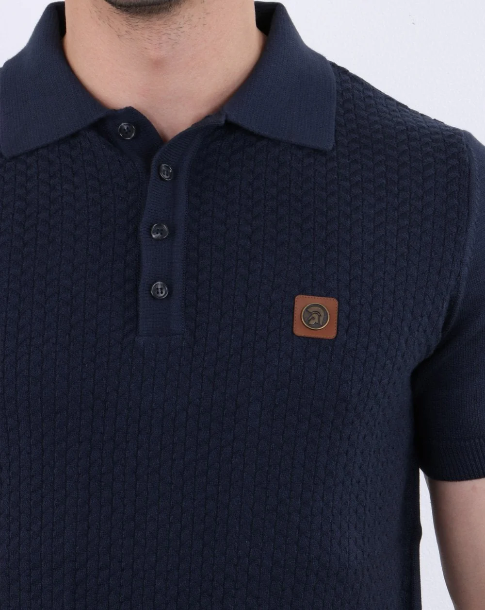 Trojan Knitted Pattern Polo Shirt Navy - Image 5