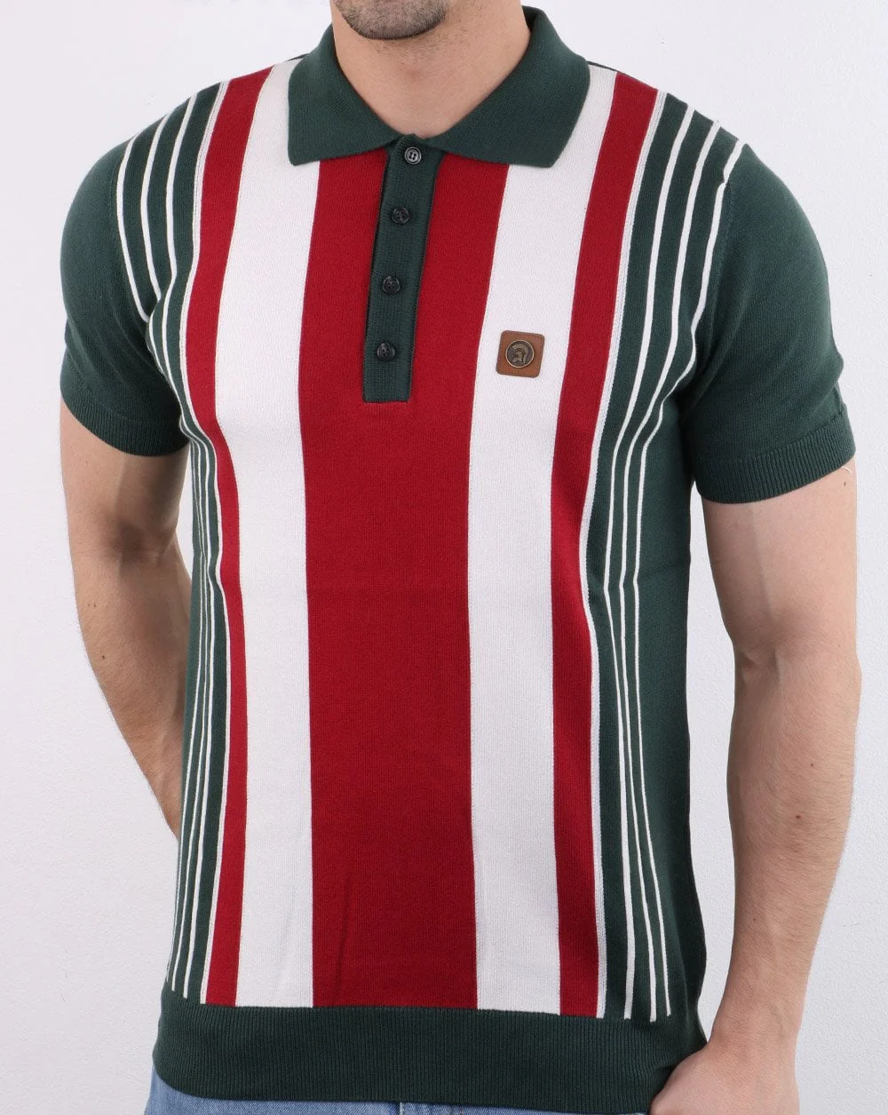 Trojan knitted Striped Polo Shirt Forest Green - Image 2