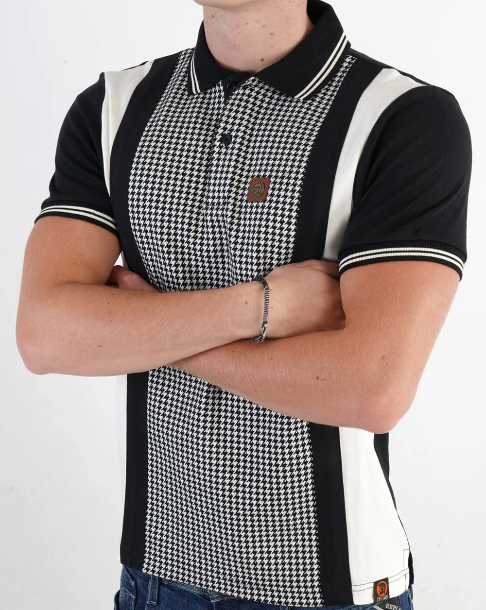 Trojan Mono Houndstooth Panel Polo Black - Image 3