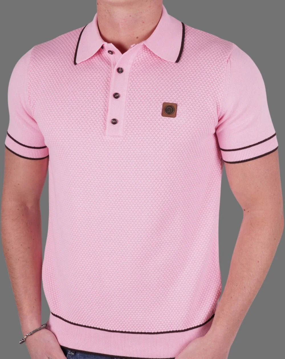 Trojan Textured Knit Polo Shirt Pink - Image 3